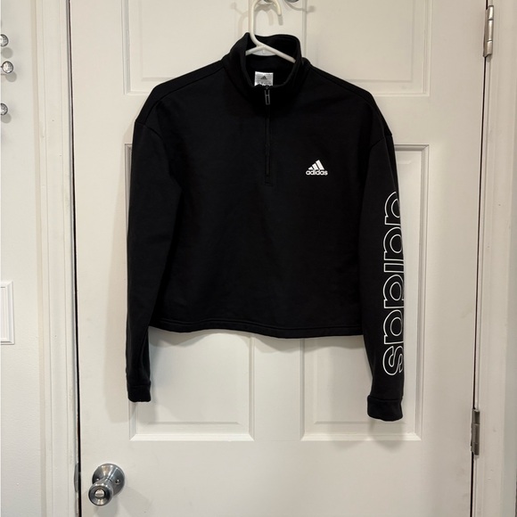 Adidas Cropped Sweatshirt Black Mock Neck 1/4 Zip Logo Long Sleeve Athleisure - Picture 1 of 8